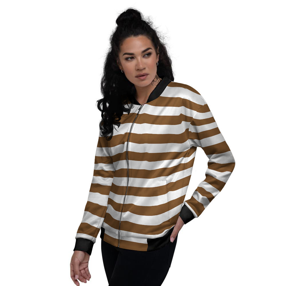 Brown Color Striped Print Women's Bomber Jacket-grizzshop