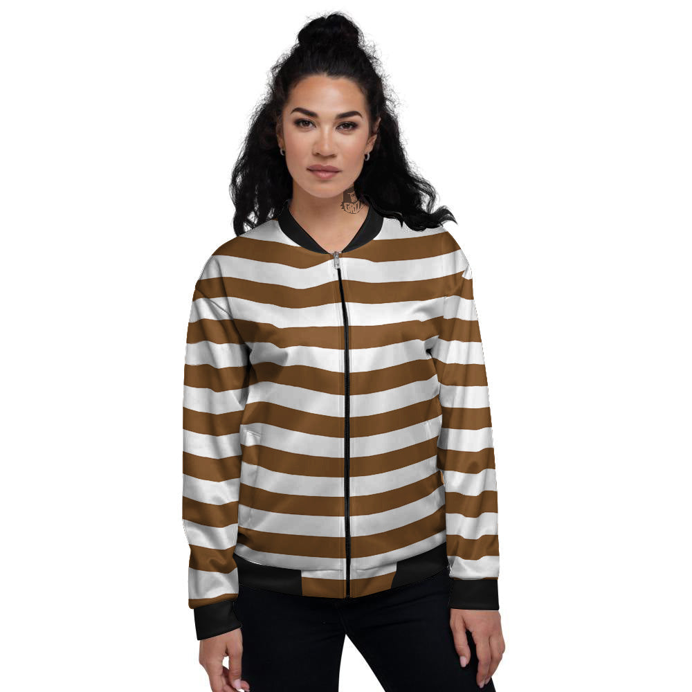Brown Color Striped Print Women's Bomber Jacket-grizzshop