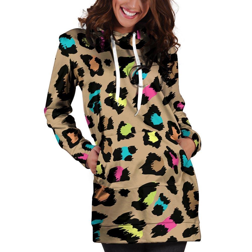 Brown Colorful Cheetah Print Hoodie Dress-grizzshop