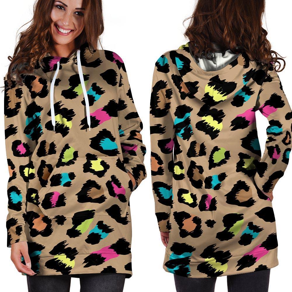 Brown Colorful Cheetah Print Hoodie Dress-grizzshop