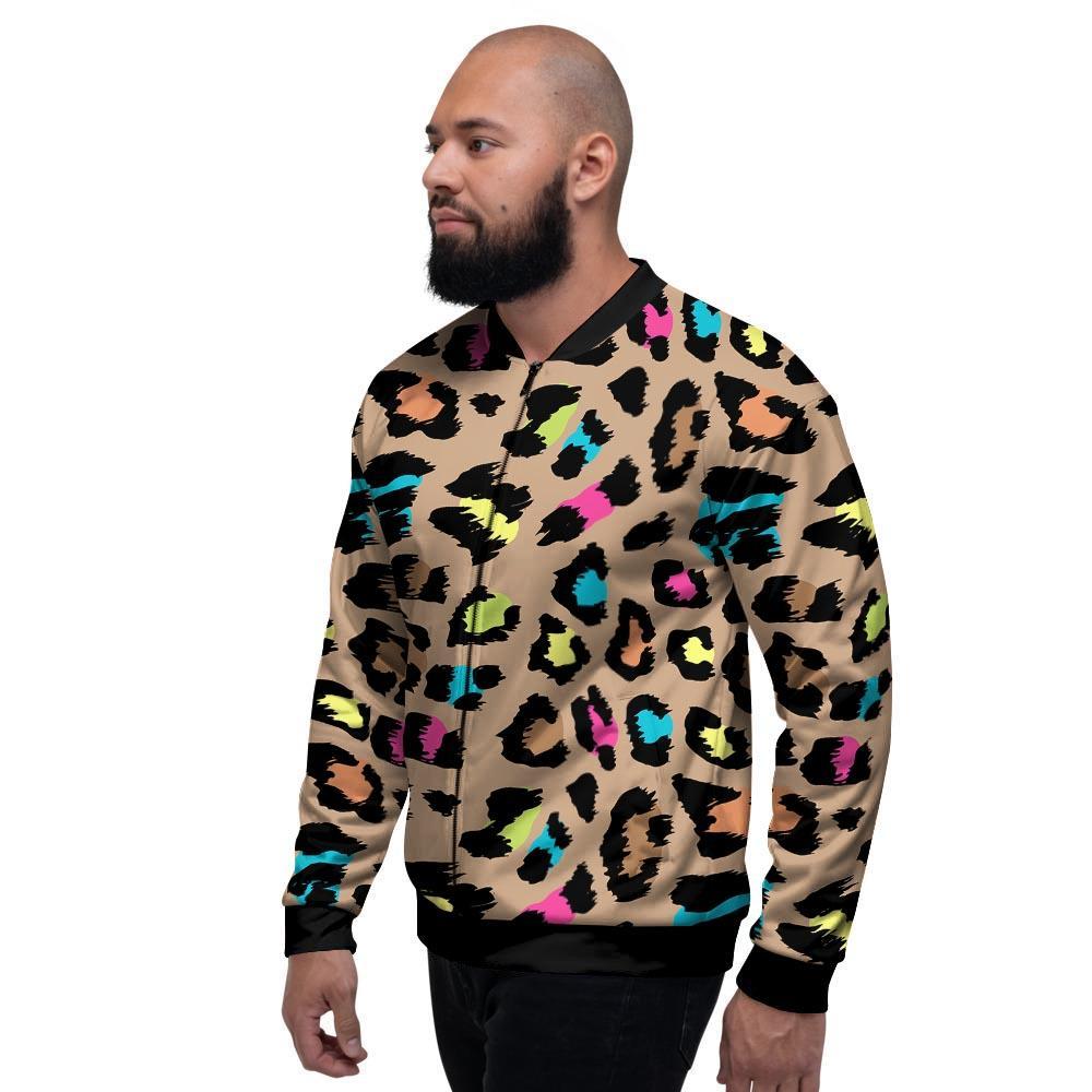 Brown Colorful Cheetah Print Men's Bomber Jacket-grizzshop