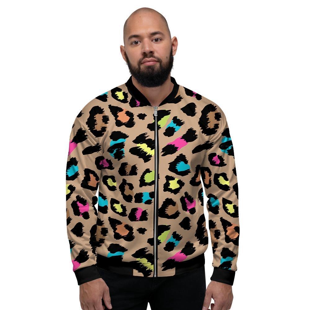 Brown Colorful Cheetah Print Men's Bomber Jacket-grizzshop