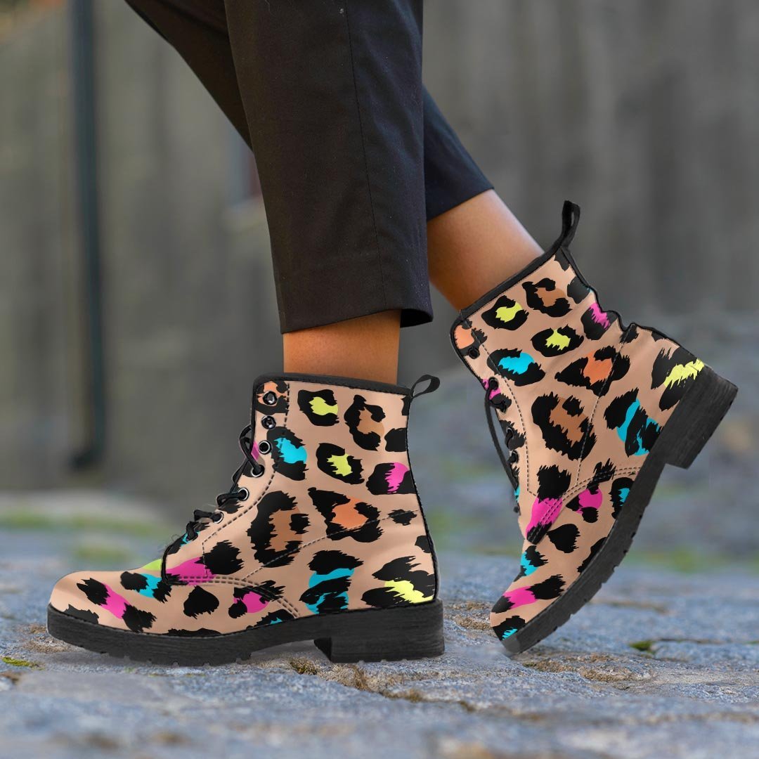 Brown Colorful Cheetah Print Women's Boots-grizzshop
