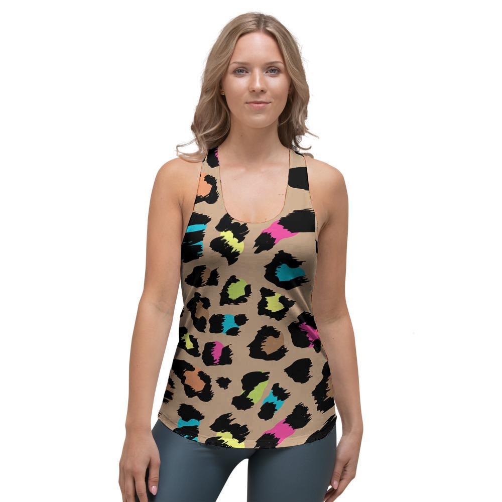 Brown Colorful Cheetah Print Women's Racerback Tank Top-grizzshop