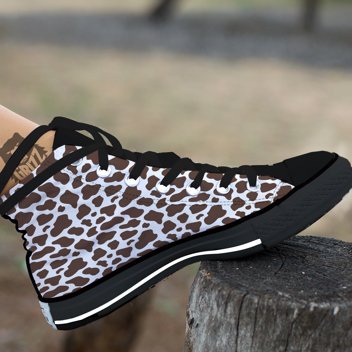 Brown Cow Print Pattern Black High Top Shoes-grizzshop