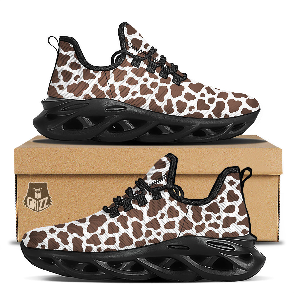 Brown Cow Print Pattern Black Running Shoes-grizzshop