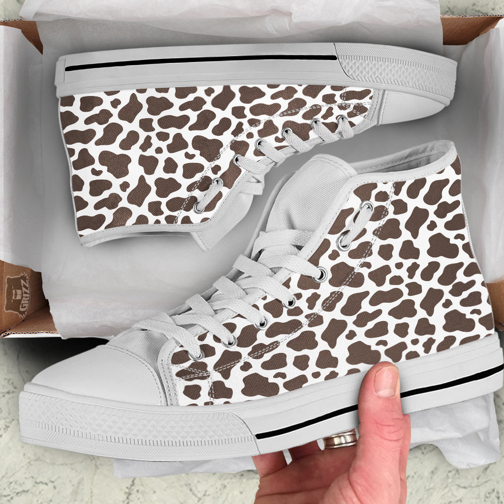 Brown Cow Print Pattern White High Top Shoes-grizzshop