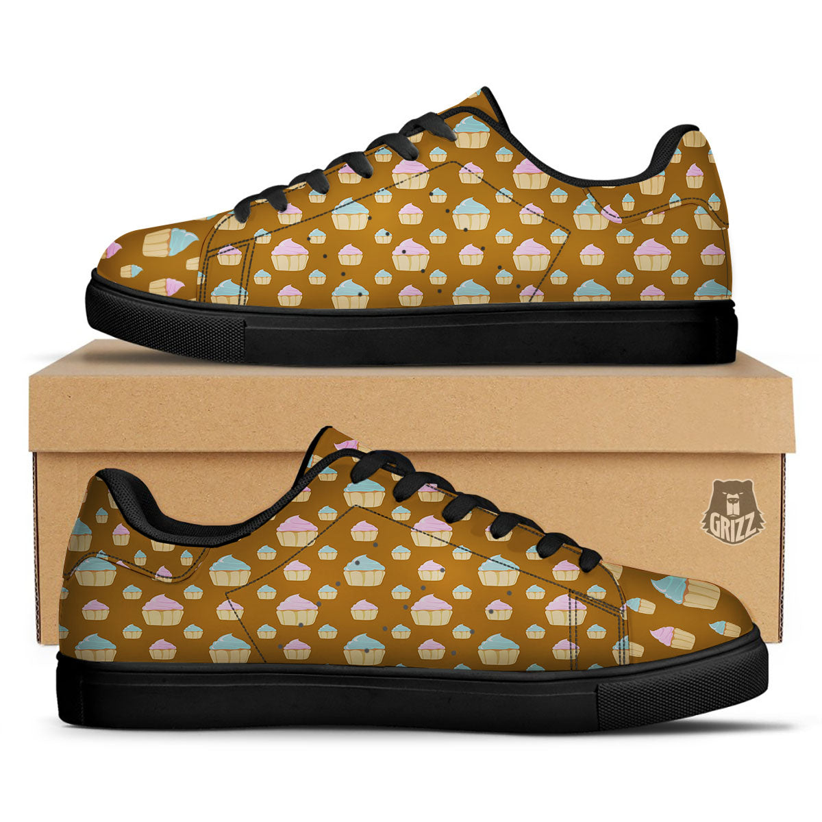 Brown Cupcake Pastel Print Pattern Black Low Top Sneakers-grizzshop