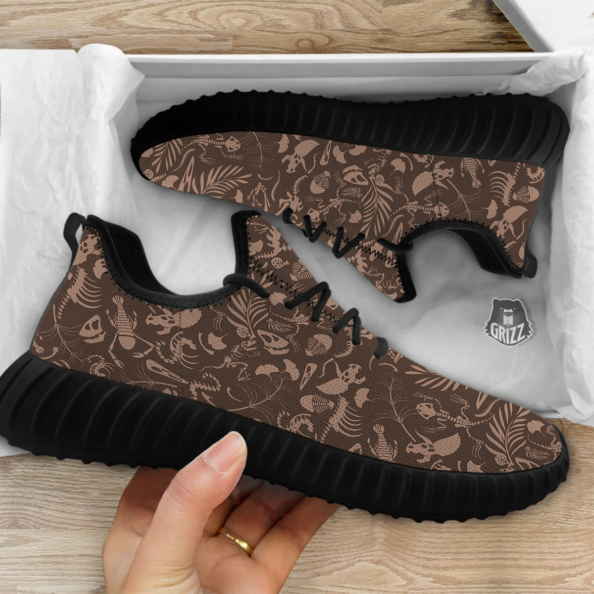 Brown Fossil Print Pattern Black Walking Shoes-grizzshop