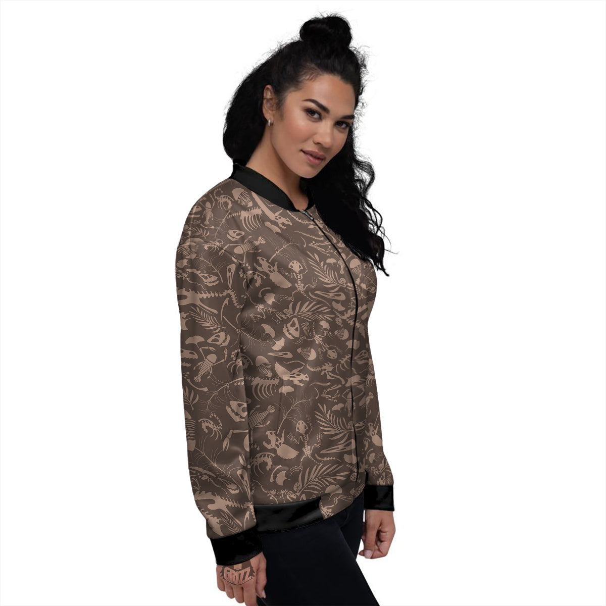 Brown Fossil Print Pattern Women's Bomber Jacket-grizzshop