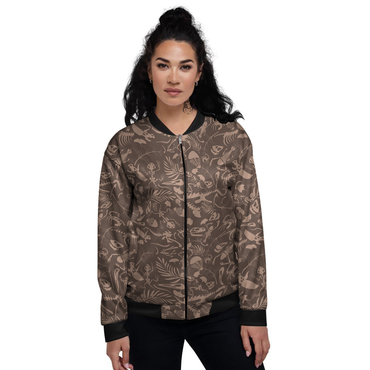 Brown Fossil Print Pattern Women's Bomber Jacket-grizzshop