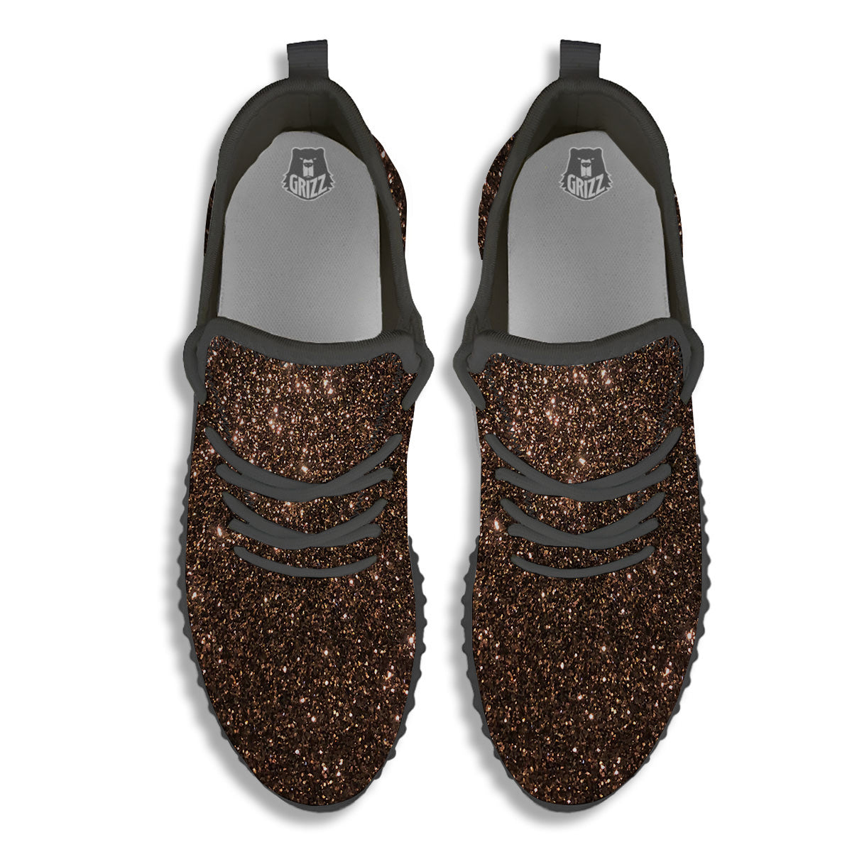 Brown Glitter Print Black Walking Shoes-grizzshop