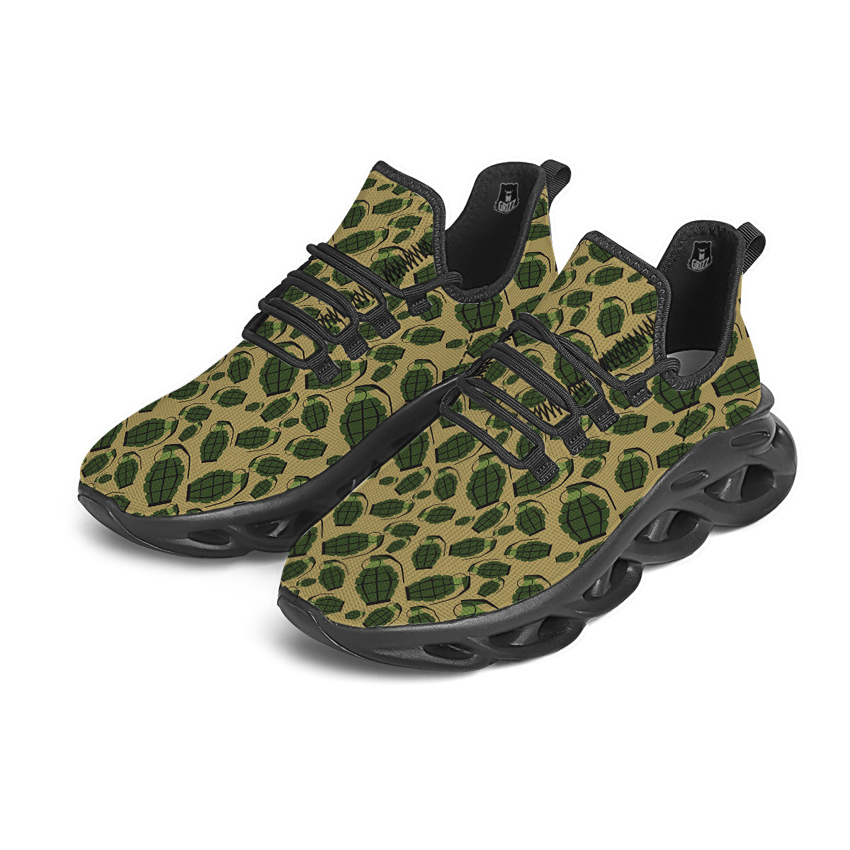 Brown Grenade Print Pattern Black Running Shoes-grizzshop