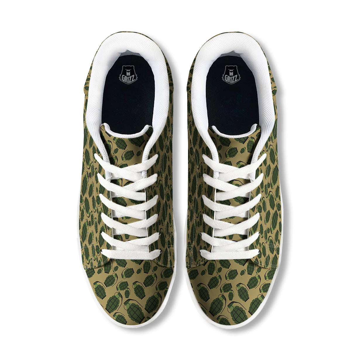 Brown Grenade Print Pattern White Low Top Sneakers-grizzshop