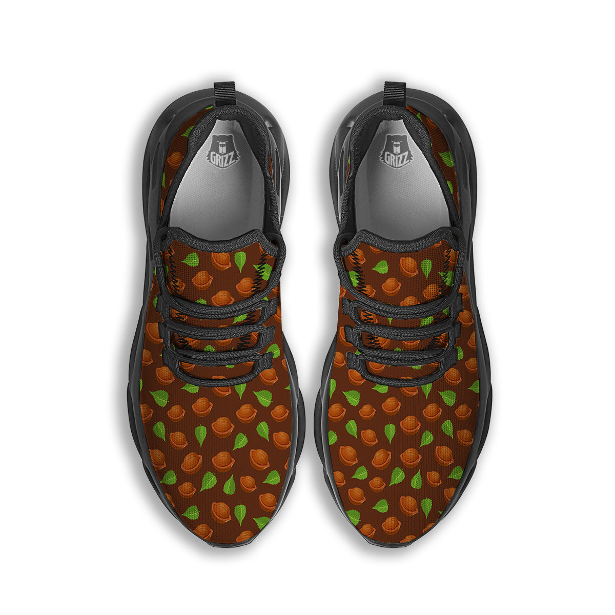 Brown Hazelnuts And Green Leaf Print Pattern Black Running Shoes-grizzshop