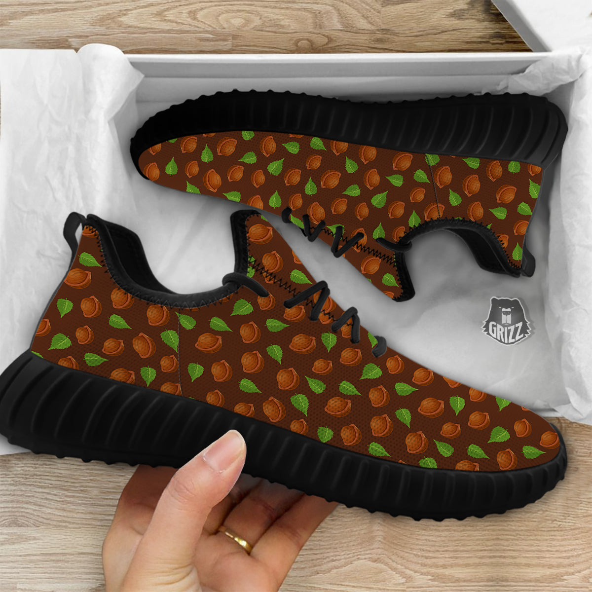 Brown Hazelnuts And Green Leaf Print Pattern Black Walking Shoes-grizzshop