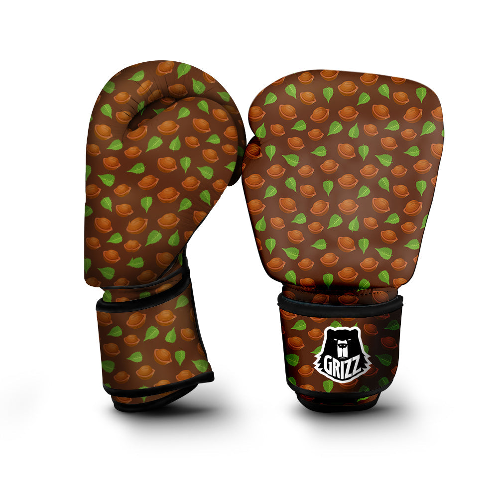 Brown Hazelnuts And Green Leaf Print Pattern Boxing Gloves-grizzshop
