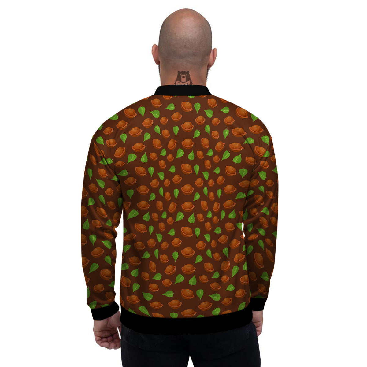 Brown Hazelnuts And Green Leaf Print Pattern Men's Bomber Jacket-grizzshop