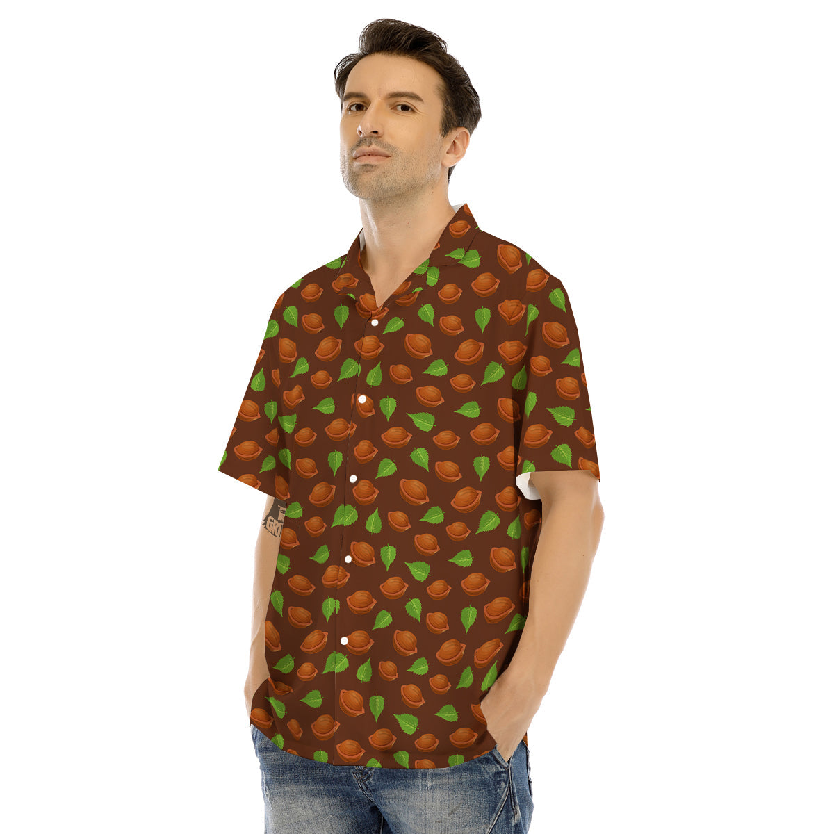 Brown Hazelnuts And Green Leaf Print Pattern Men's Hawaiian Shirt-grizzshop