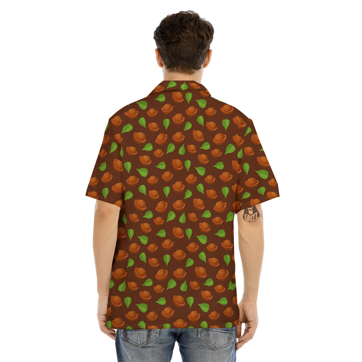 Brown Hazelnuts And Green Leaf Print Pattern Men's Hawaiian Shirt-grizzshop