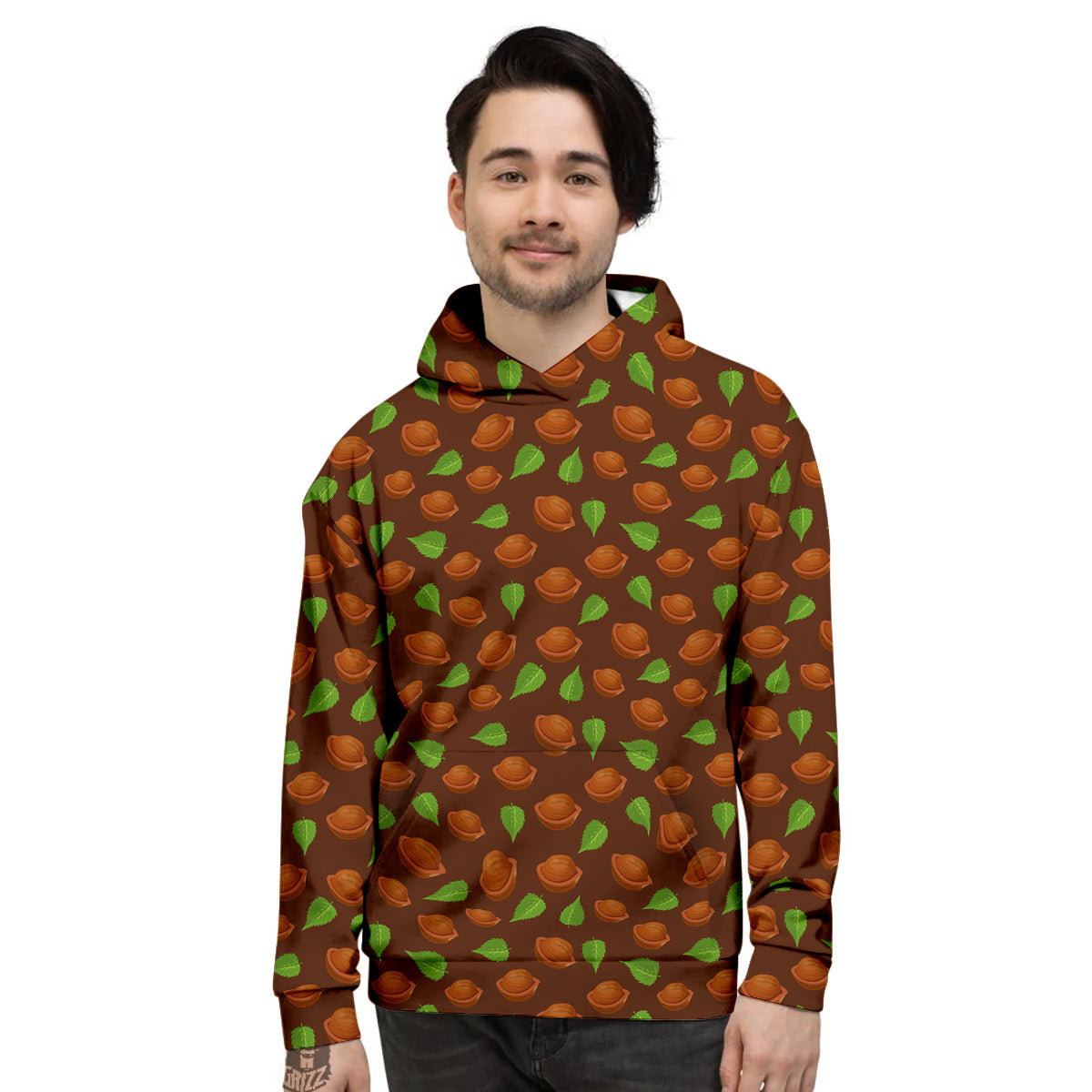 Brown Hazelnuts And Green Leaf Print Pattern Men's Hoodie-grizzshop