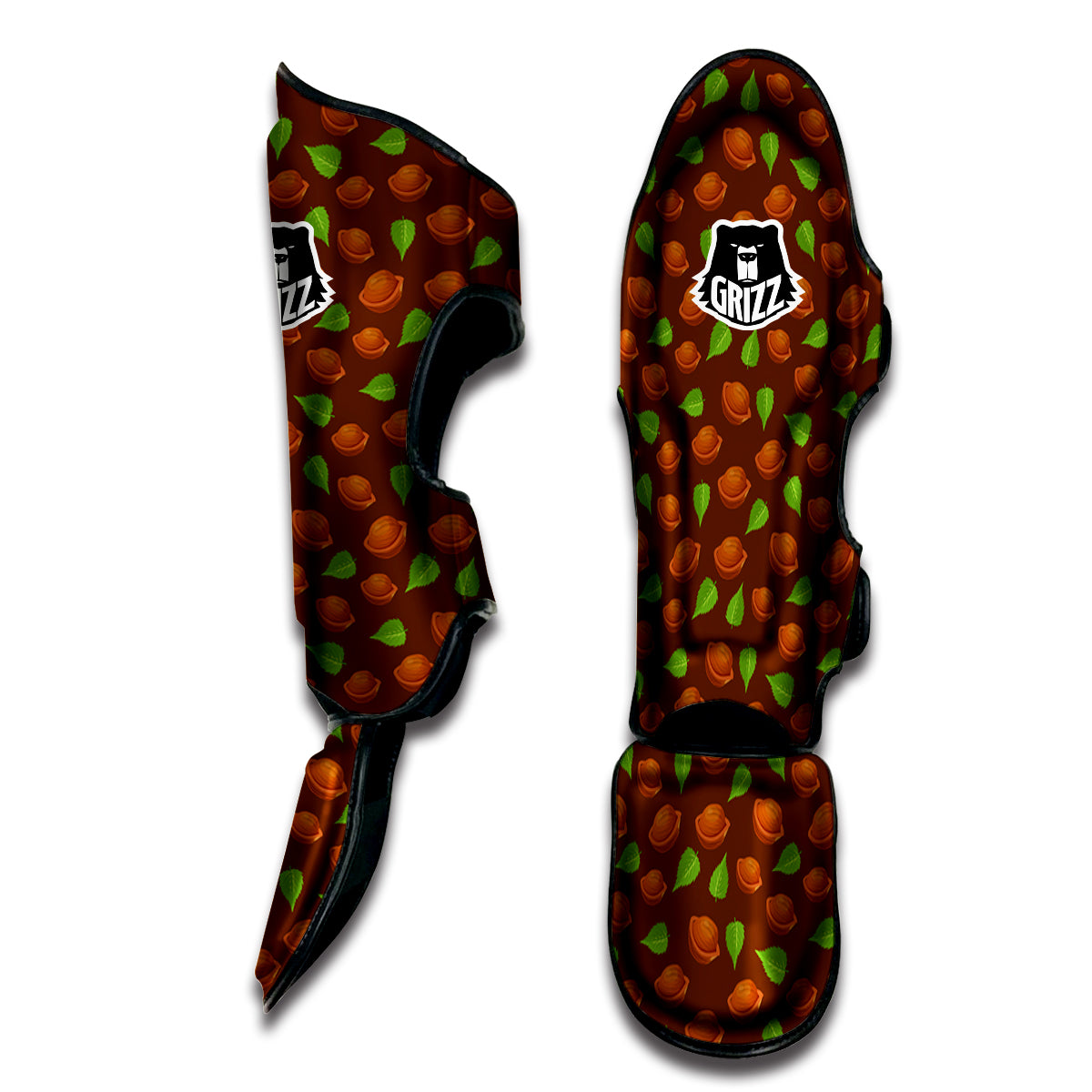 Brown Hazelnuts And Green Leaf Print Pattern Muay Thai Shin Guards-grizzshop