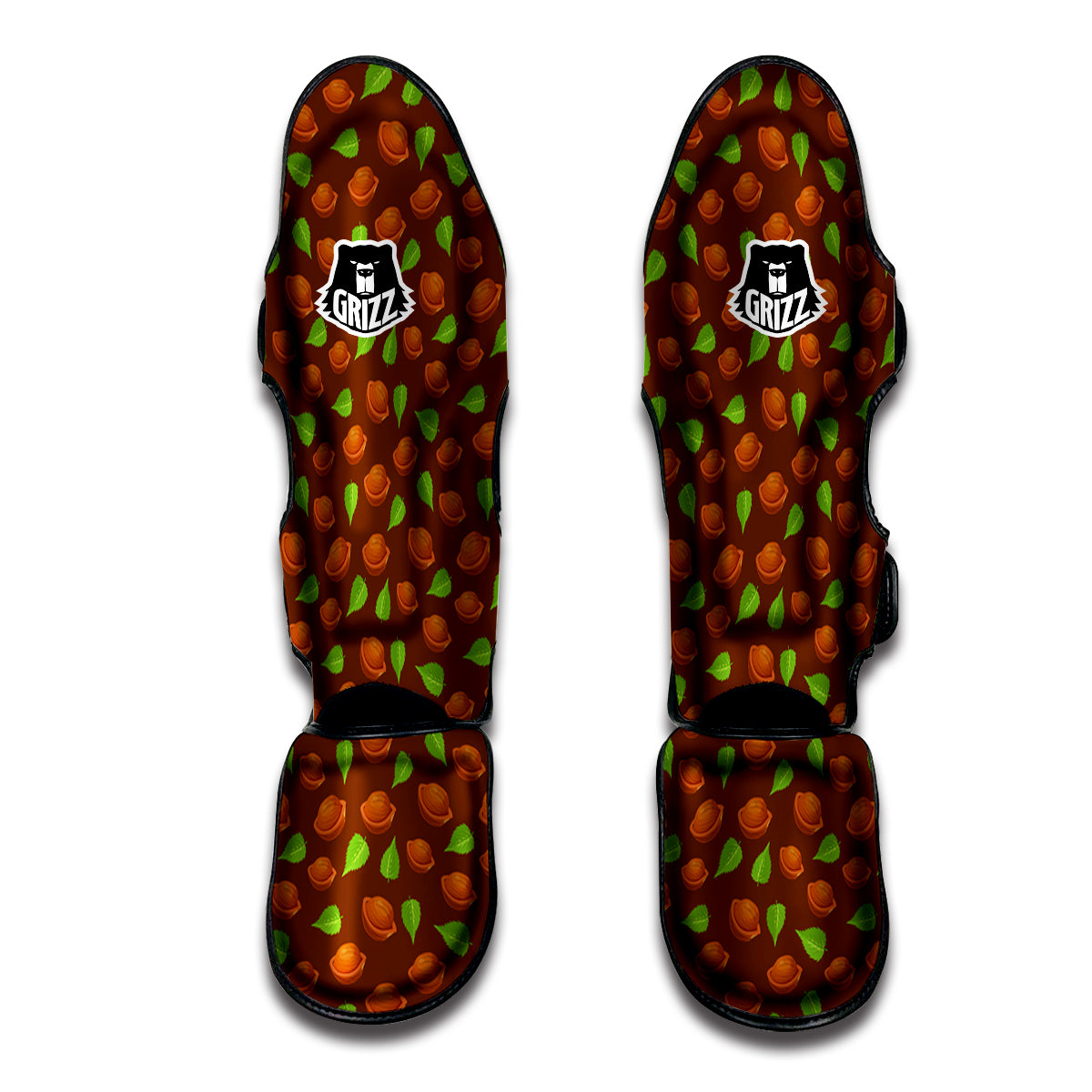 Brown Hazelnuts And Green Leaf Print Pattern Muay Thai Shin Guards-grizzshop
