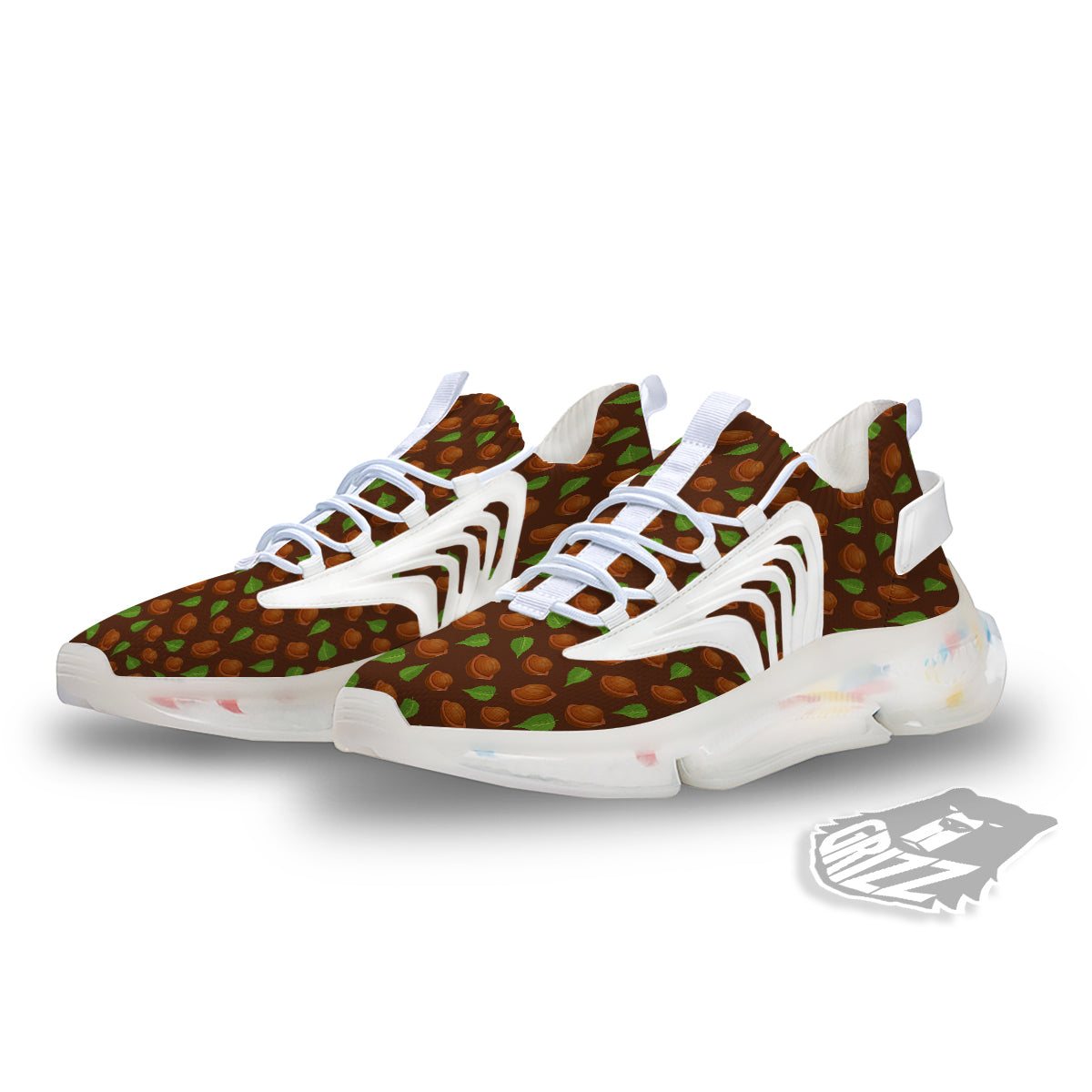 Brown Hazelnuts And Green Leaf Print Pattern White Gym Shoes-grizzshop