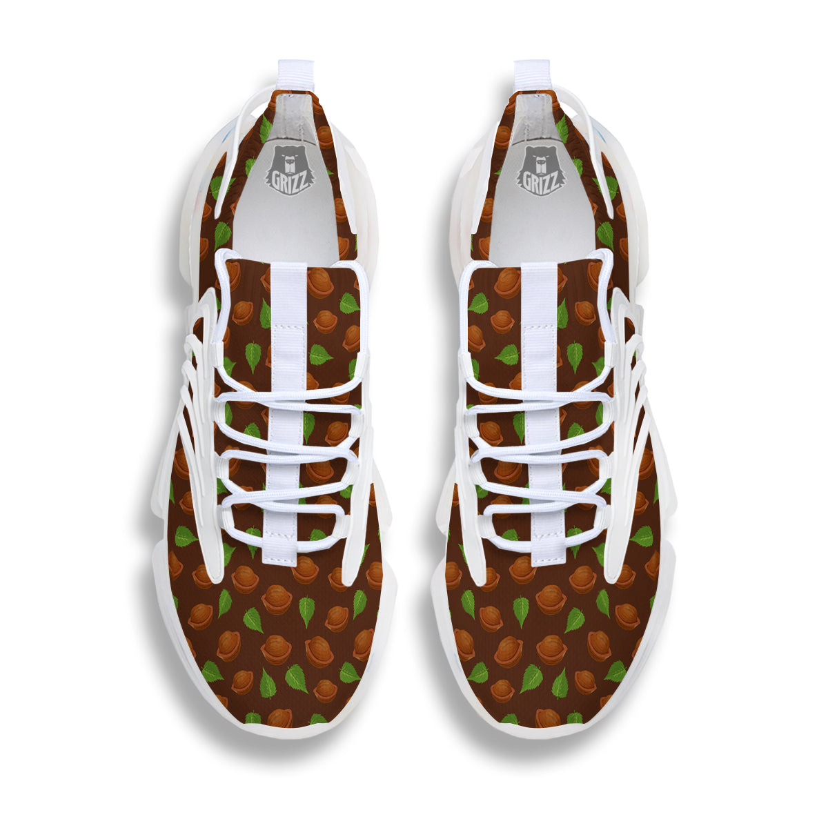 Brown Hazelnuts And Green Leaf Print Pattern White Gym Shoes-grizzshop