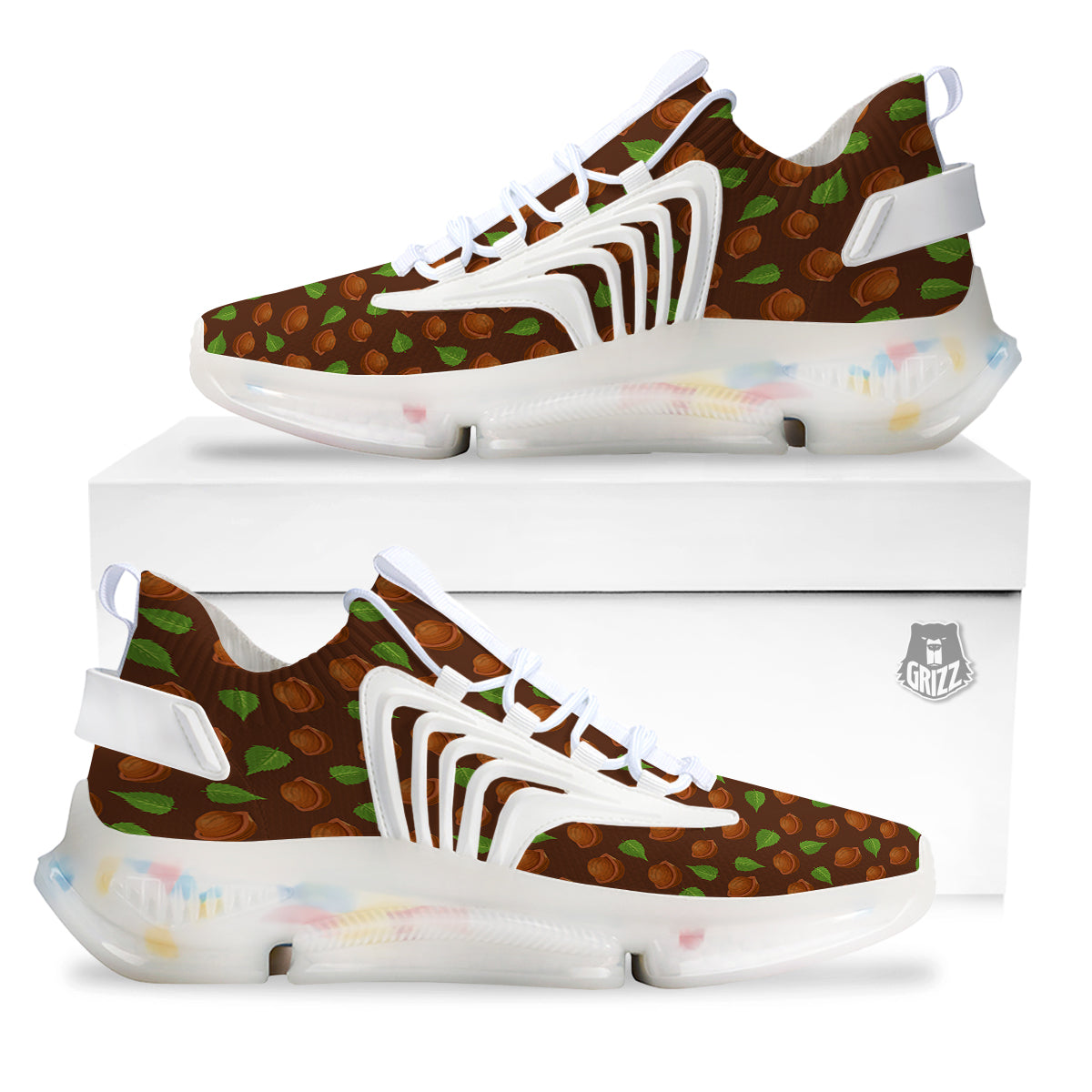 Brown Hazelnuts And Green Leaf Print Pattern White Gym Shoes-grizzshop