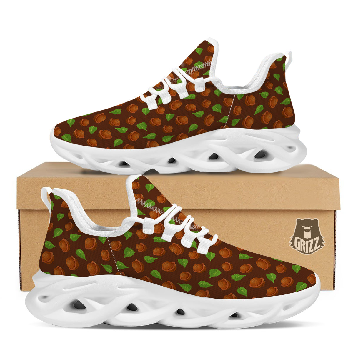 Brown Hazelnuts And Green Leaf Print Pattern White Running Shoes-grizzshop
