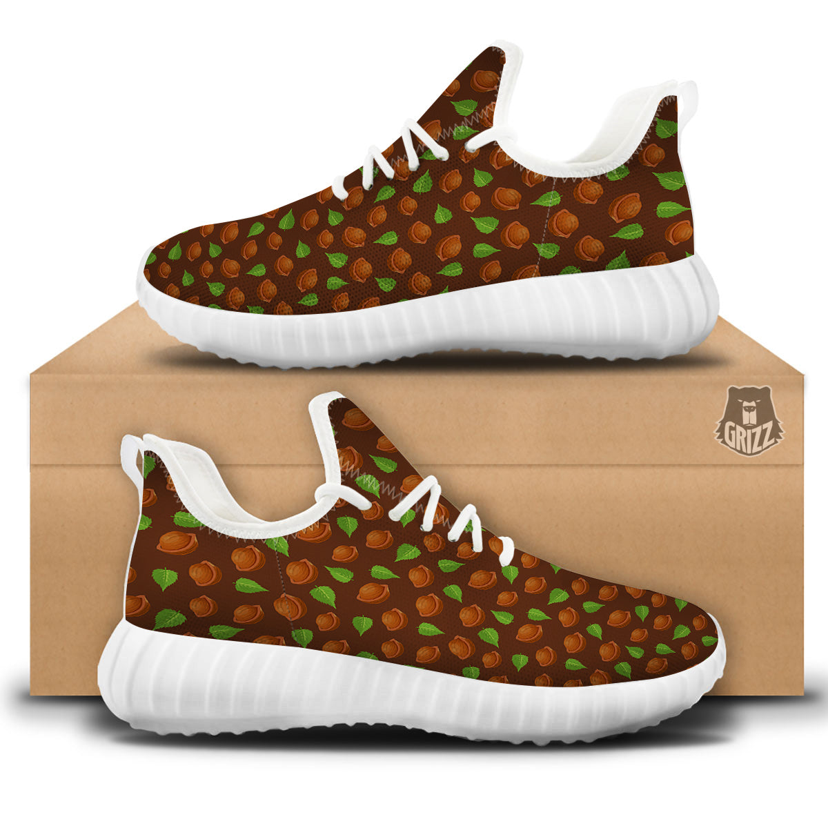 Brown Hazelnuts And Green Leaf Print Pattern White Walking Shoes-grizzshop