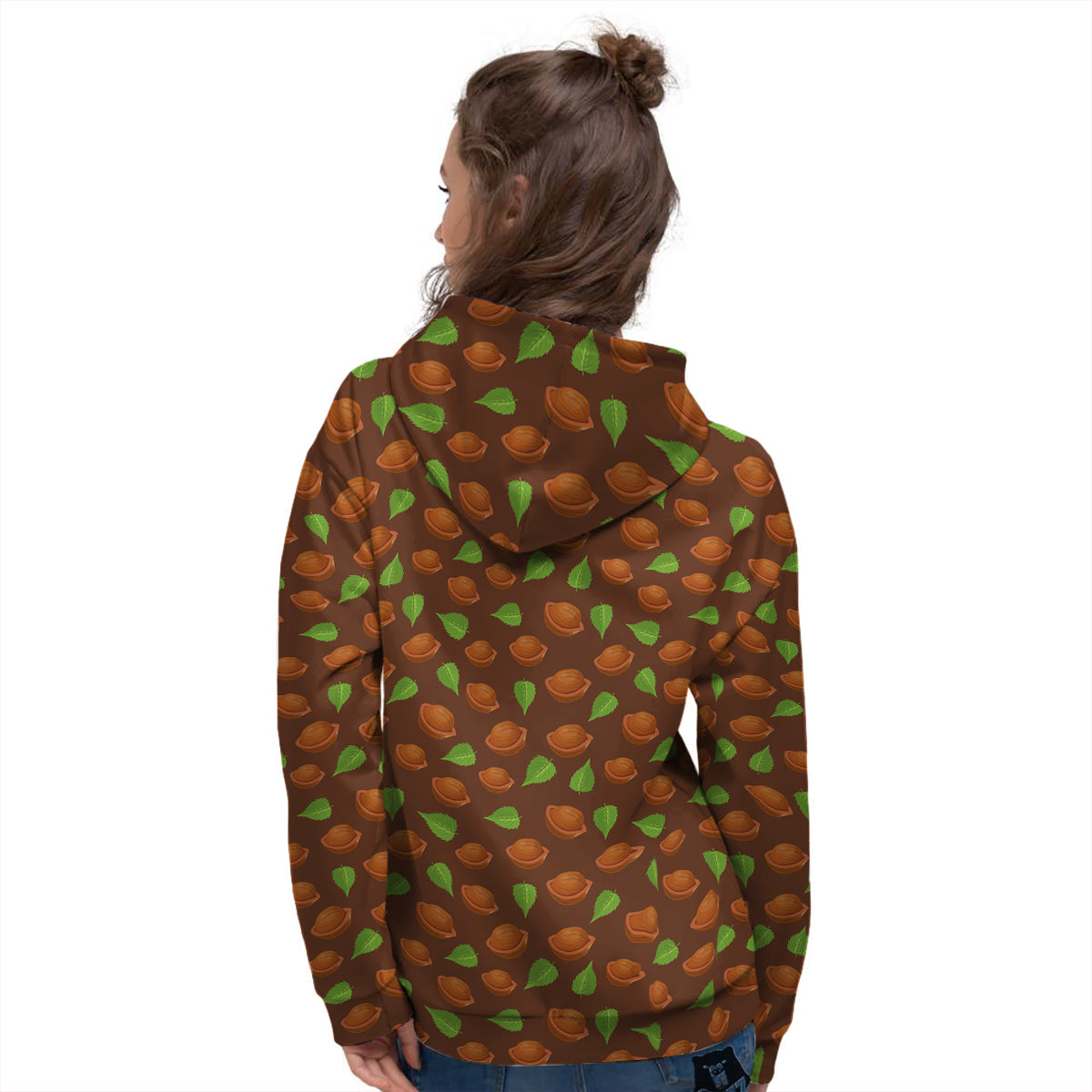 Brown Hazelnuts And Green Leaf Print Pattern Women's Hoodie-grizzshop
