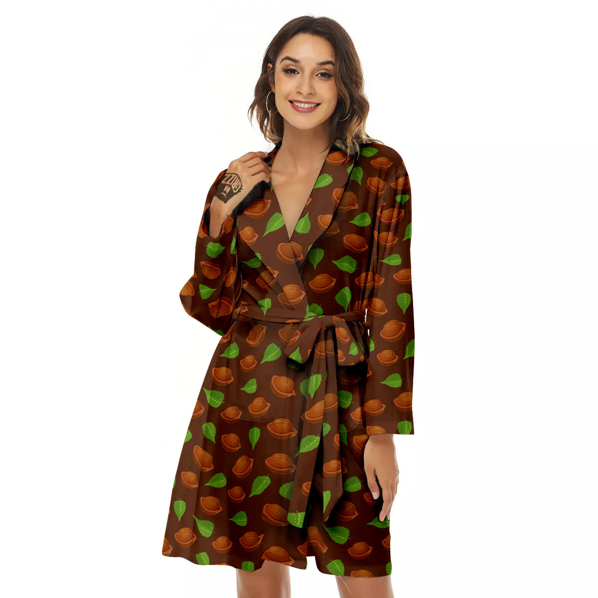 Brown Hazelnuts And Green Leaf Print Pattern Women's Robe-grizzshop