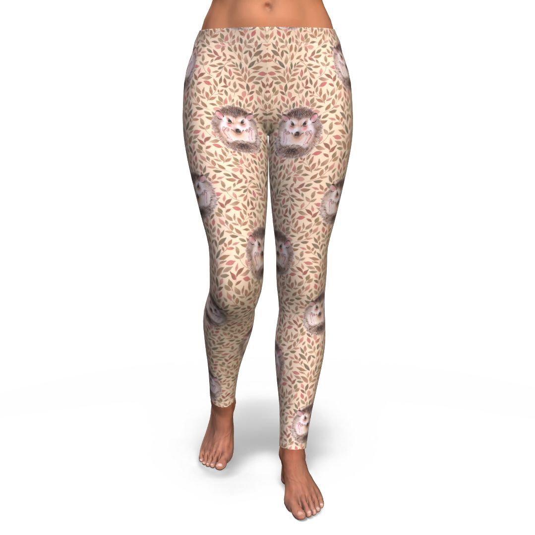 Brown Leaf Hedgehogs Pattern Print Pattern Women Leggings-grizzshop