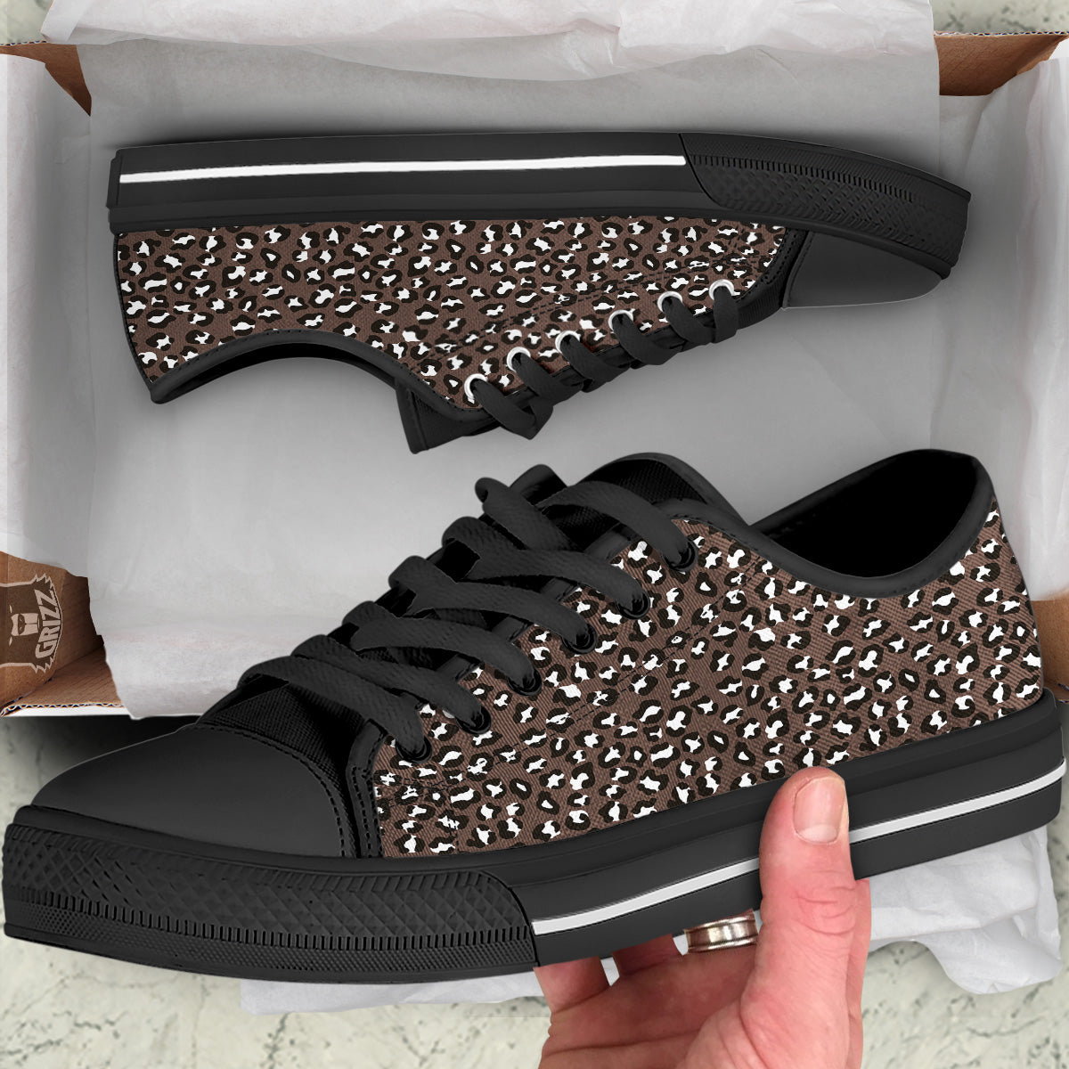 Brown Leopard Print Pattern Black Low Top Shoes-grizzshop