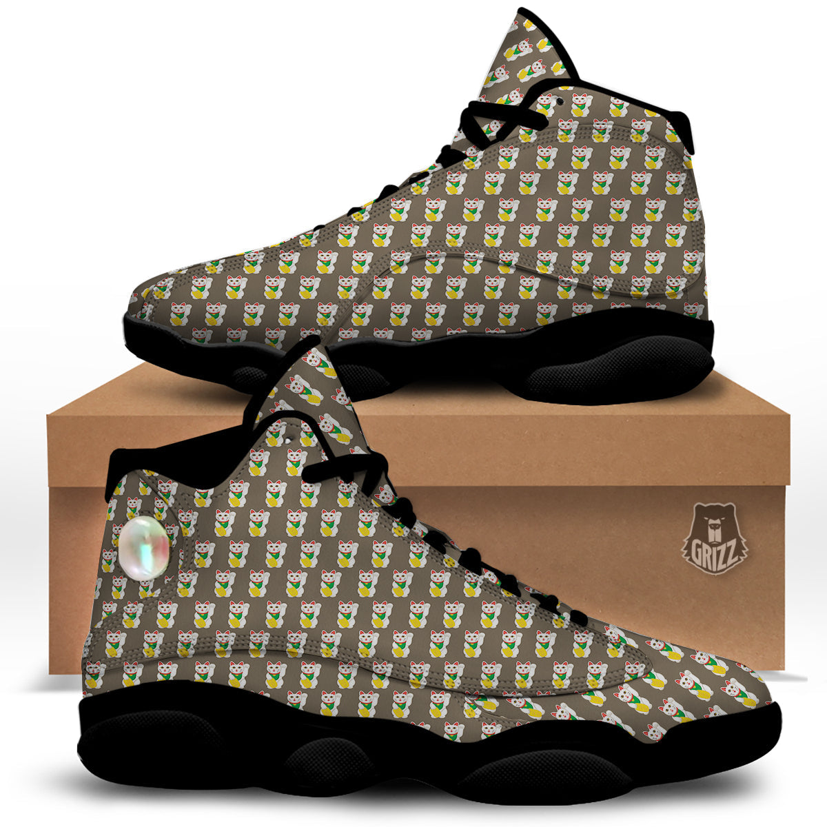 Brown Lucky Cat Print Pattern Black Basketball Shoes-grizzshop
