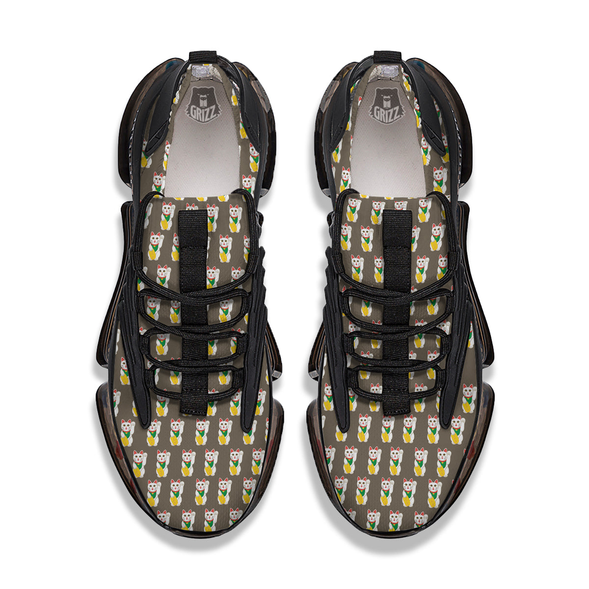 Brown Lucky Cat Print Pattern Black Gym Shoes-grizzshop