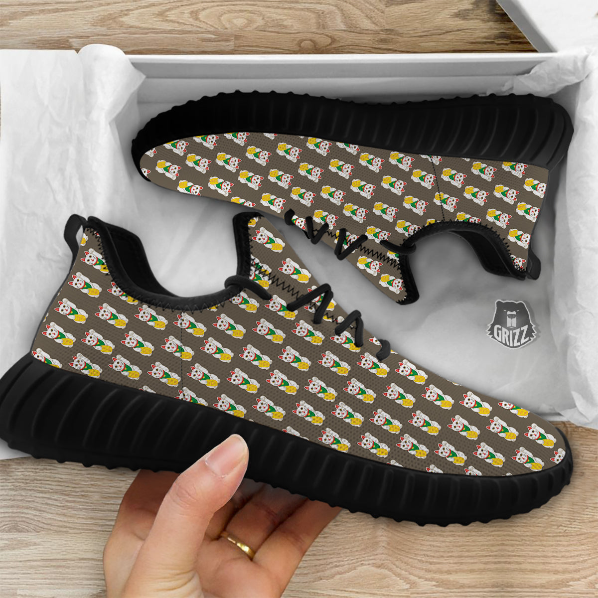 Brown Lucky Cat Print Pattern Black Walking Shoes-grizzshop