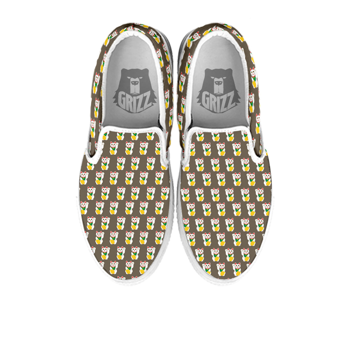 Brown Lucky Cat Print Pattern White Slip On Shoes-grizzshop