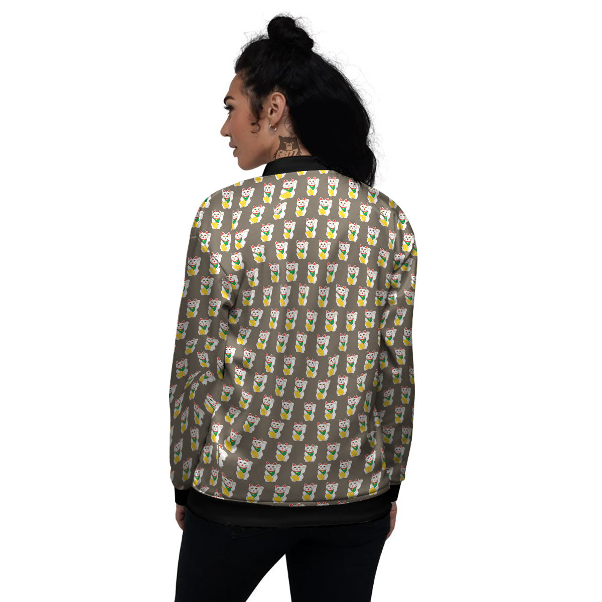 Brown Lucky Cat Print Pattern Women's Bomber Jacket-grizzshop