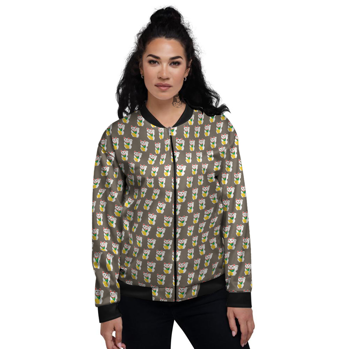 Brown Lucky Cat Print Pattern Women's Bomber Jacket-grizzshop