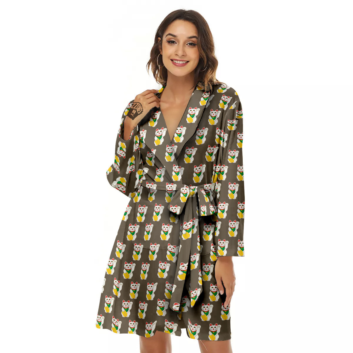 Brown Lucky Cat Print Pattern Women's Robe-grizzshop