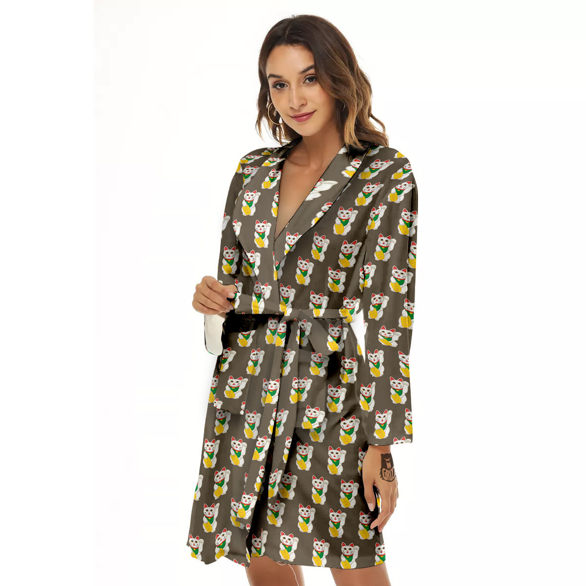 Brown Lucky Cat Print Pattern Women's Robe-grizzshop