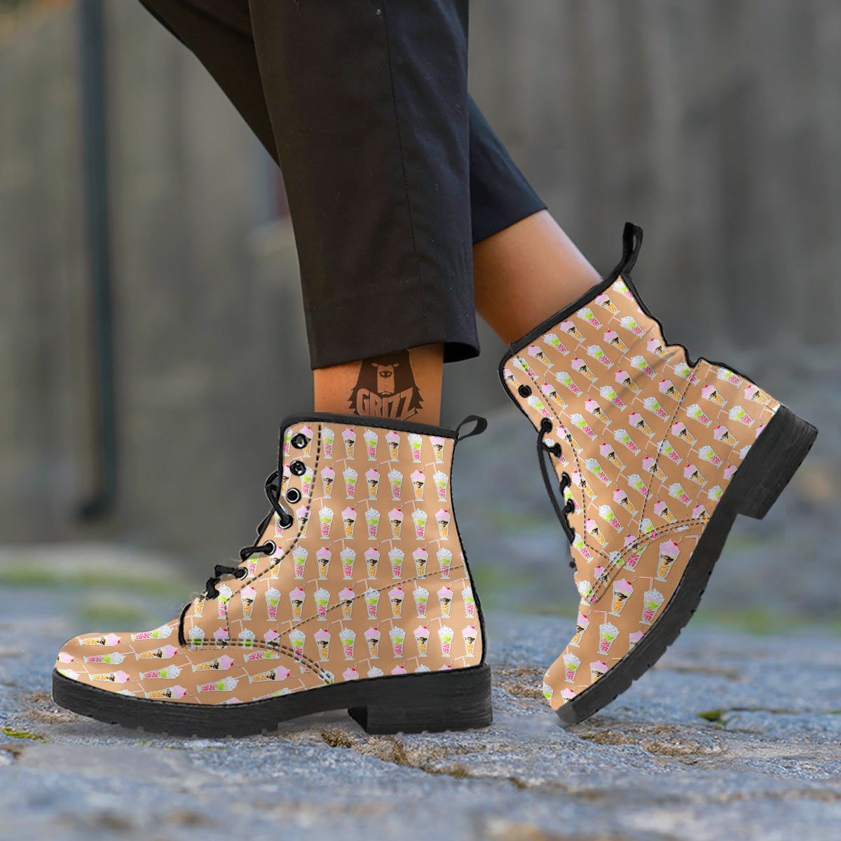 Brown Milkshake Print Pattern Leather Boots-grizzshop