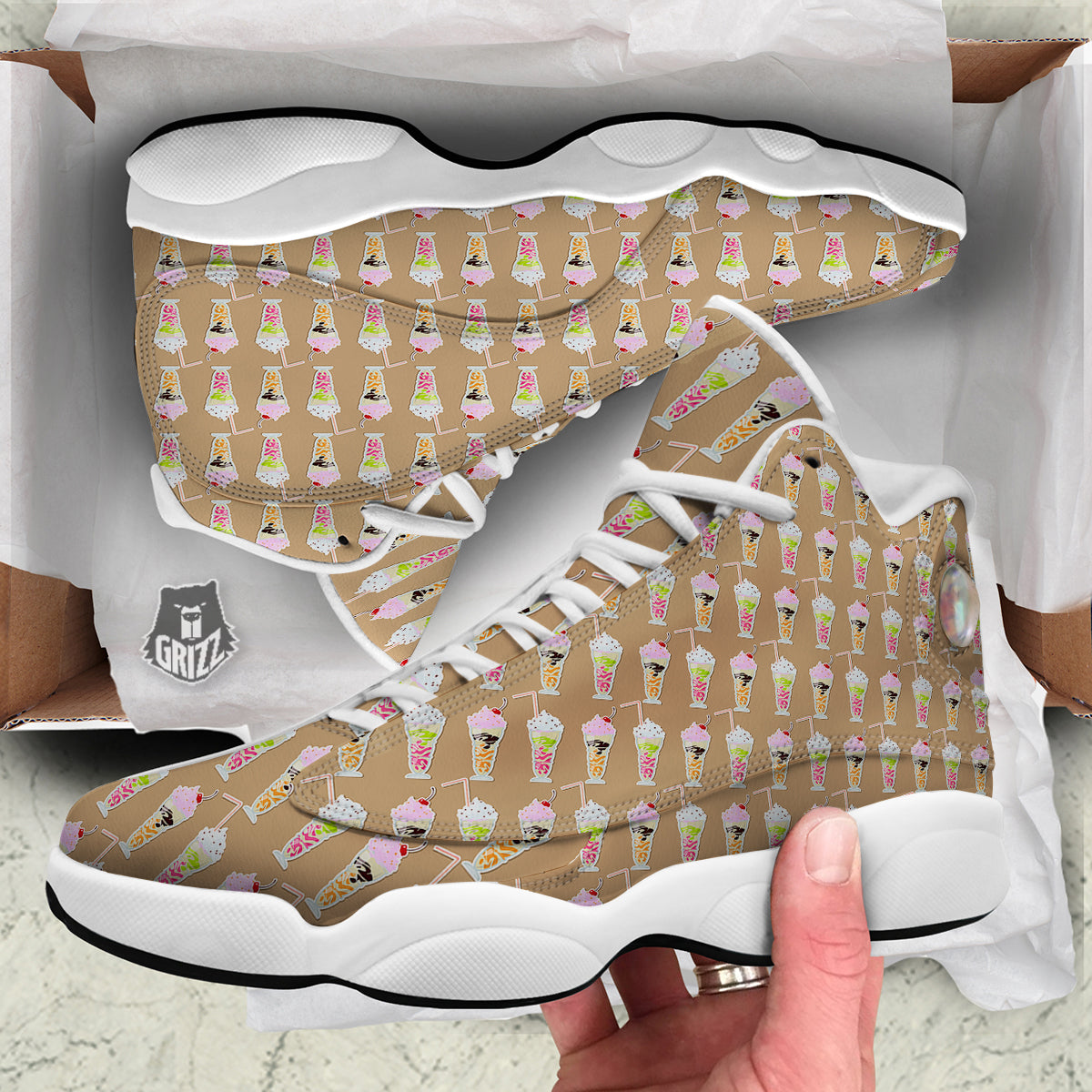 Brown Milkshake Print Pattern White Basketball Shoes-grizzshop