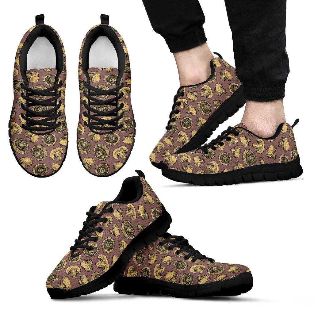 Brown Mushroom Pattern Print Black Sneaker Shoes For Men Women-grizzshop