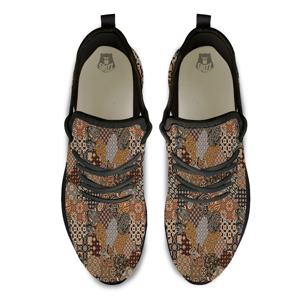 Brown Patchwork Paisley Print Pattern Black Athletic Shoes-grizzshop