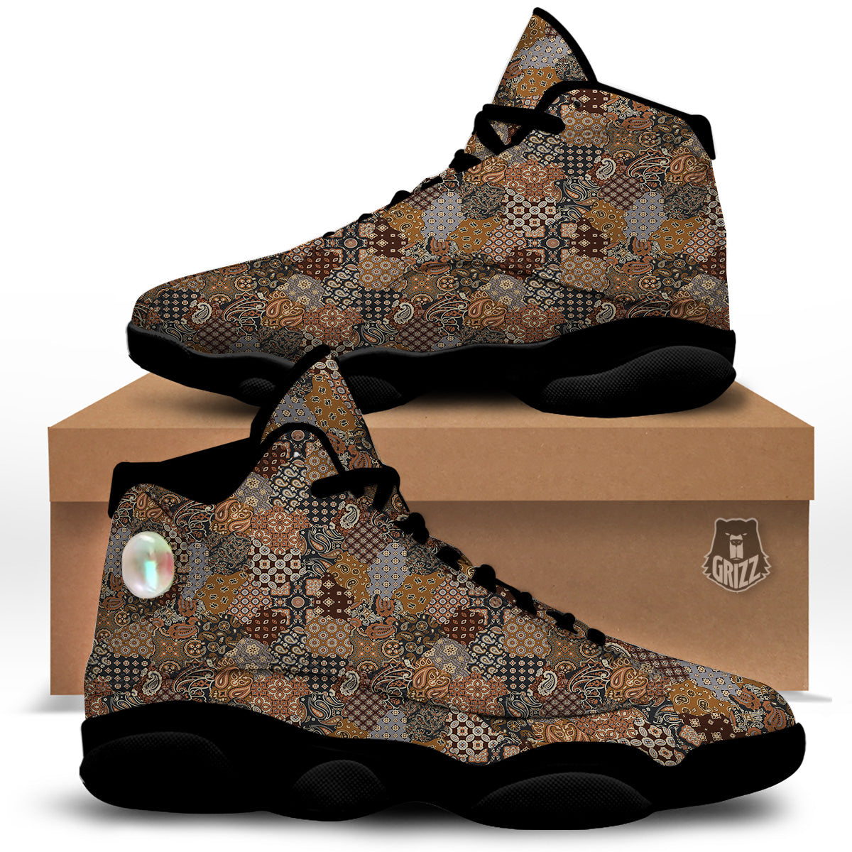 Brown Patchwork Paisley Print Pattern Black Basketball Shoes-grizzshop