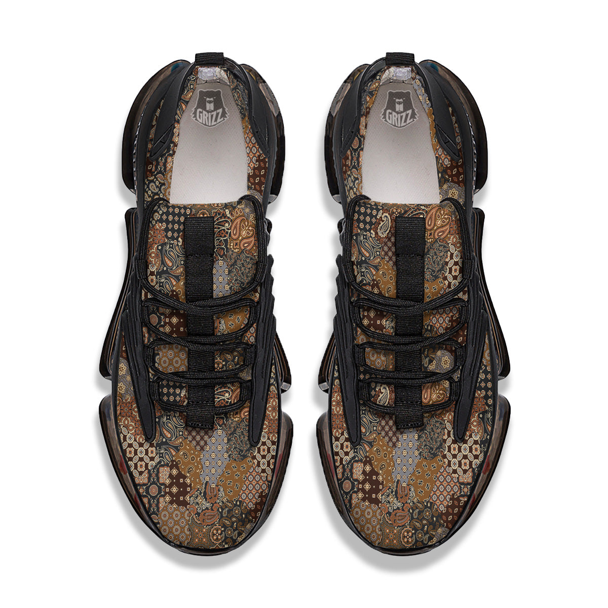 Brown Patchwork Paisley Print Pattern Black Gym Shoes-grizzshop